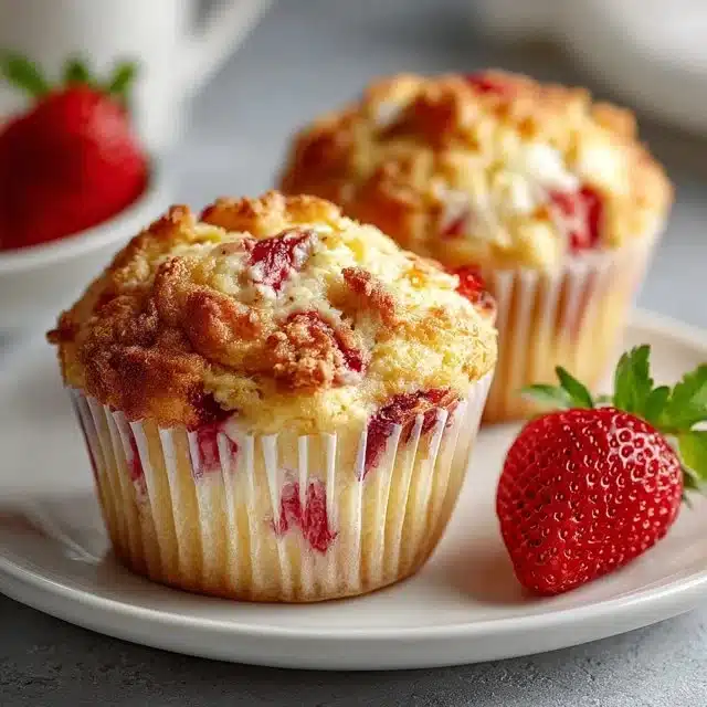 Delicious strawberry cream cheese muffins served on a plate.