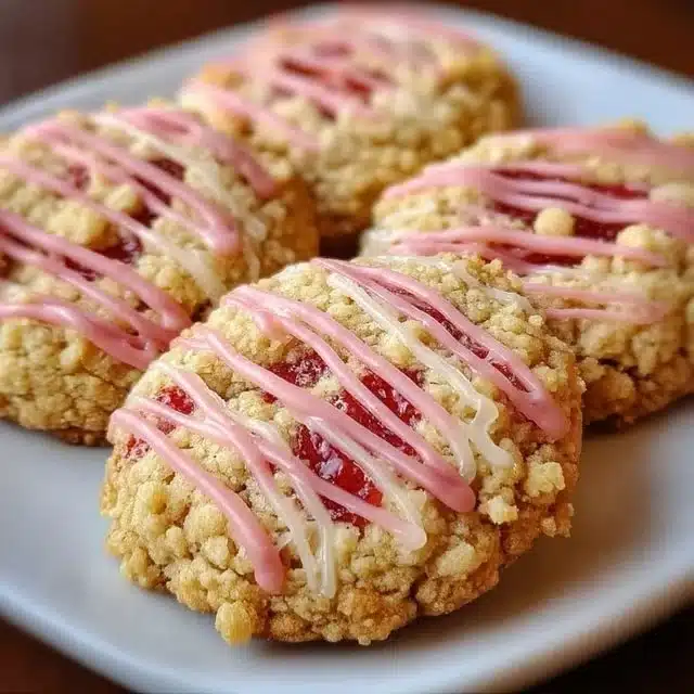 Freshly baked Strawberry Crunch Cookies on a cooling rack.