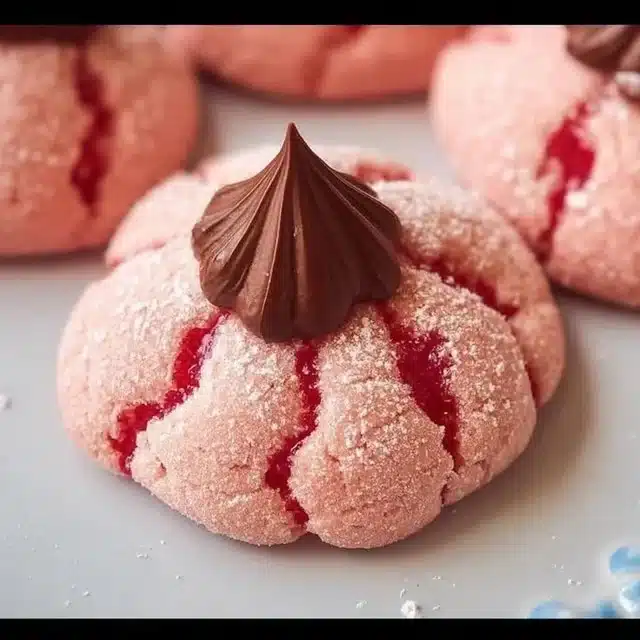 Delicious Strawberry Kiss Cookies with a strawberry on top, perfect for dessert.