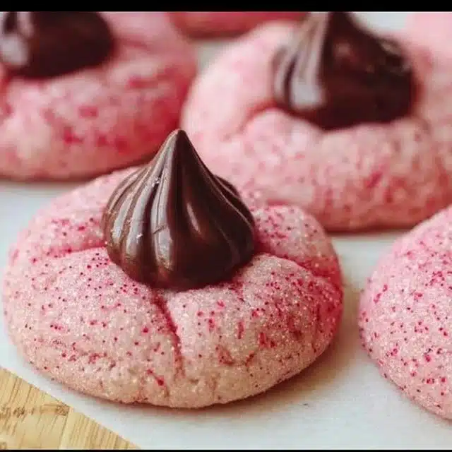 Freshly baked Strawberry Kiss Cookies with strawberry and chocolate flavors.