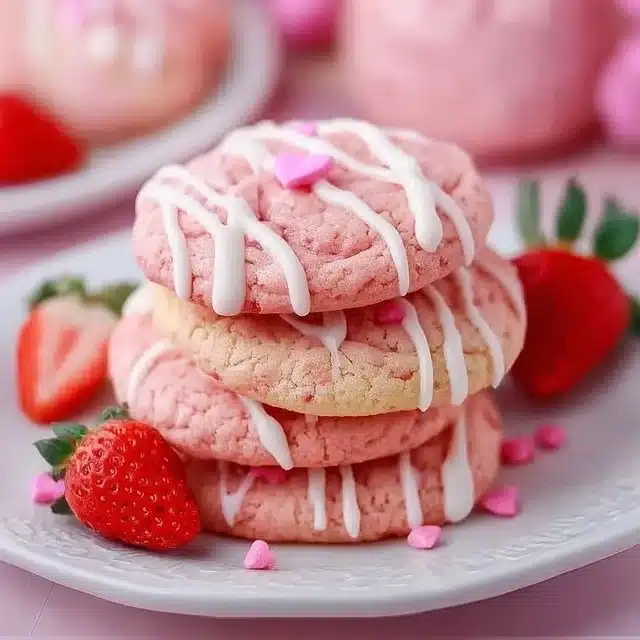 Delicious strawberry milkshake cookies topped with pink frosting