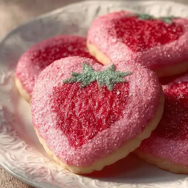 Freshly baked strawberry sugar cookies on a plate