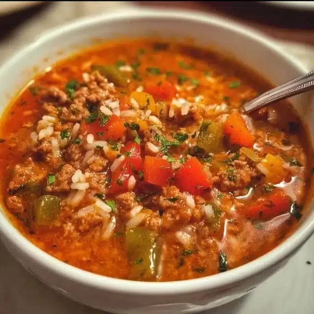 A bowl of delicious stuffed pepper soup garnished with fresh herbs.