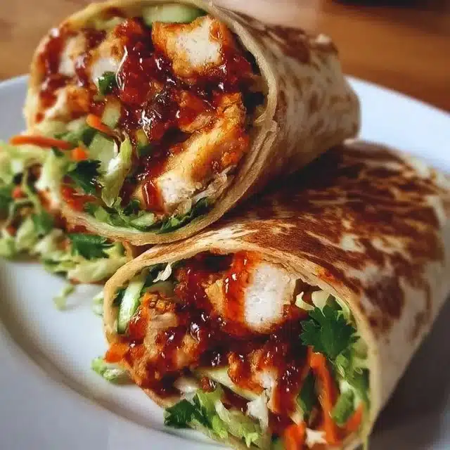 Sweet Chili Chicken Wraps filled with fresh ingredients and drizzled with sauce