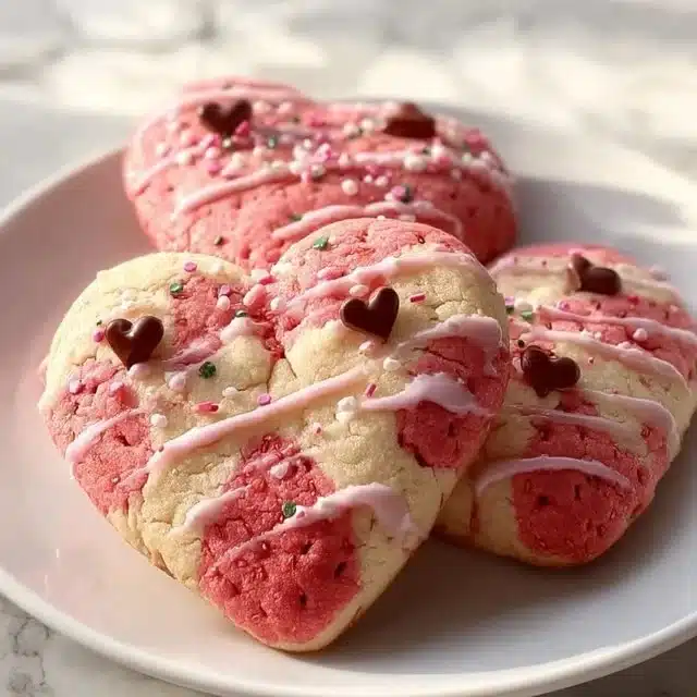 Valentine strawberry cookies decorated with pink icing and heart-shaped sprinkles