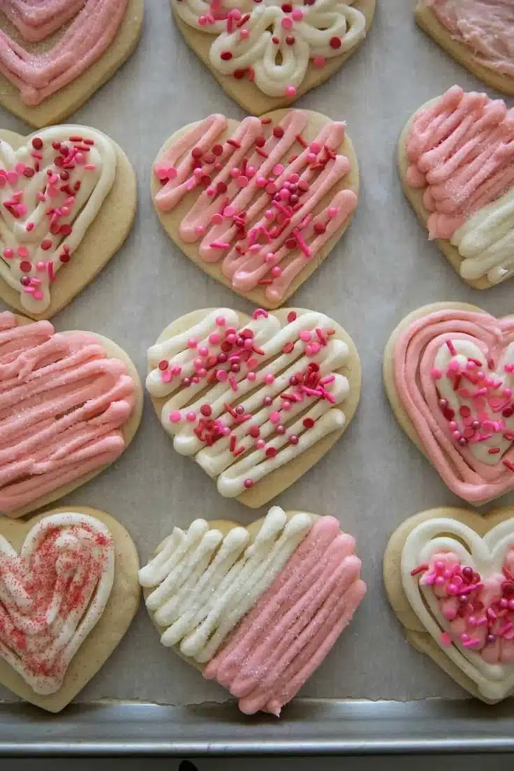 Valentine sugar cookies with hearts and pink icing for a festive treat