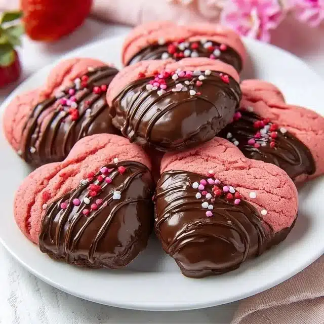 Valentine's Day chocolate covered strawberry cookies on a decorative plate