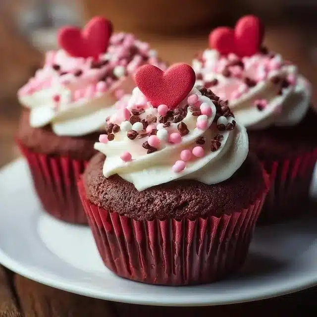 Valentine's Day cupcakes decorated with hearts and pink frosting