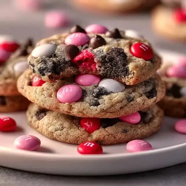 Valentine's Day Oreo M&M's Cookies decorated with heart-shaped sprinkles