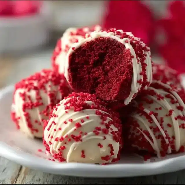 Valentine's Day red velvet truffles decorated with heart-shaped sprinkles.