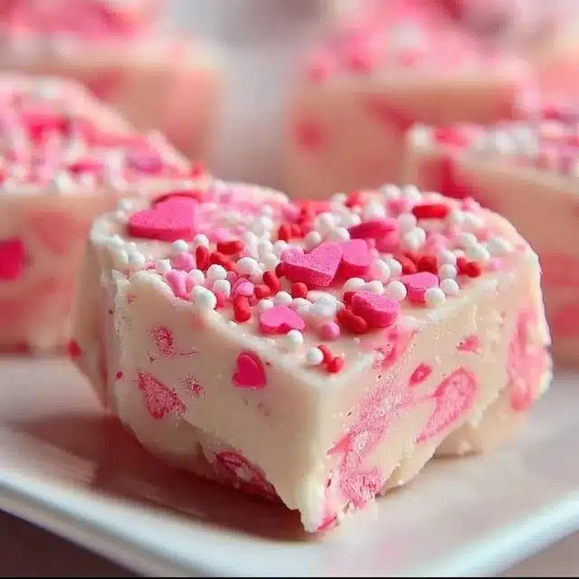 Valentine's Day Sugar Cookie Fudge topped with colorful sprinkles