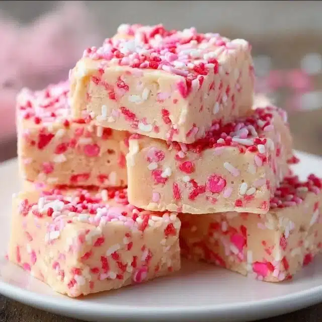Valentine's Day Sugar Cookie Fudge topped with colorful sprinkles