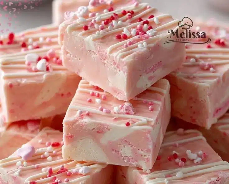 Delicious Valentine’s Day sugar cookie fudge decorated with sprinkles.