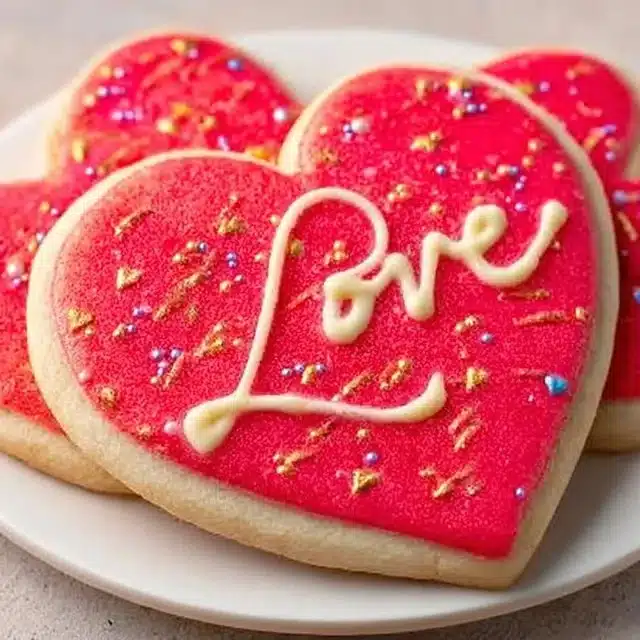 Heart-shaped Valentine's Day sugar cookies decorated with icing