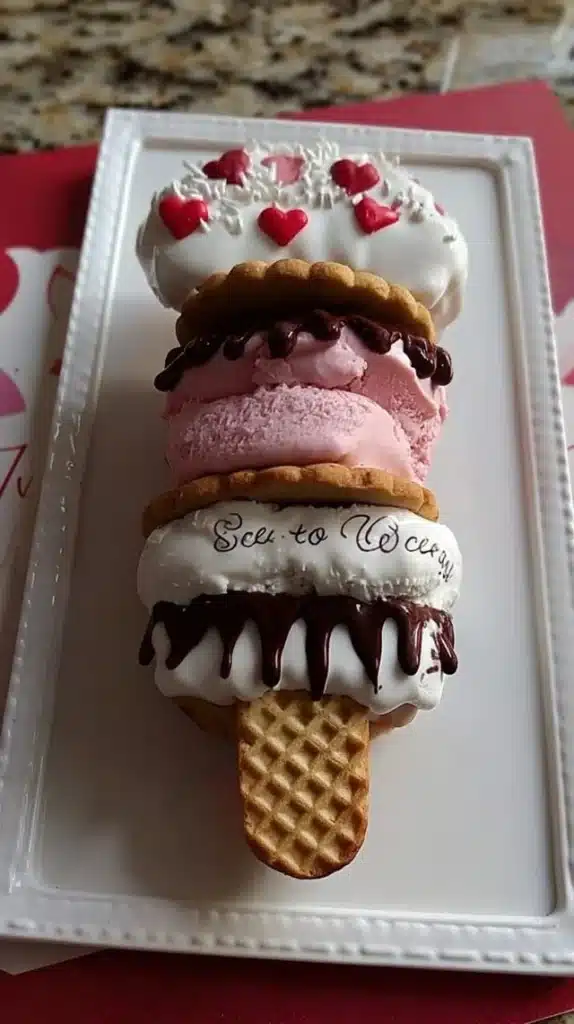 Valentine's Ice Cream Cookie Stackable dessert with layers of cookies and ice cream