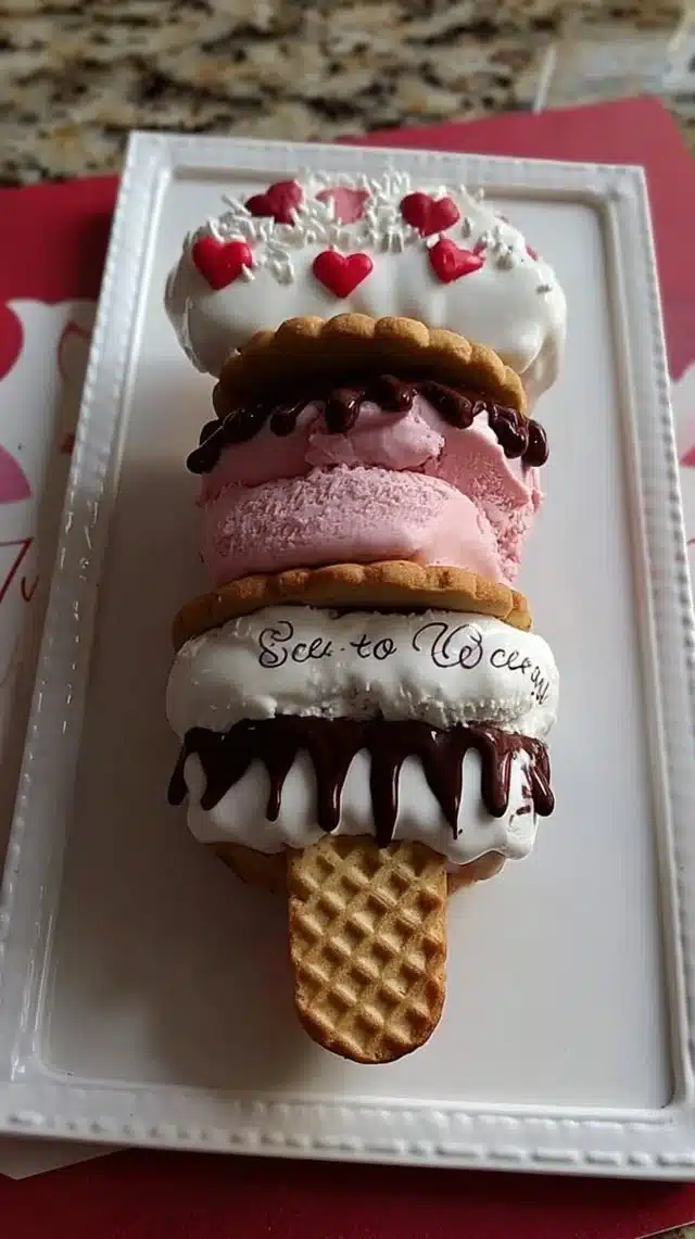 Valentine's Ice Cream Cookie Stackable dessert with layers of cookies and ice cream
