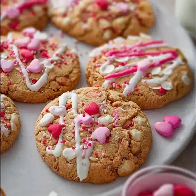 Valentine's Kitchen Sink Cookies with colorful chocolate chips and sprinkles