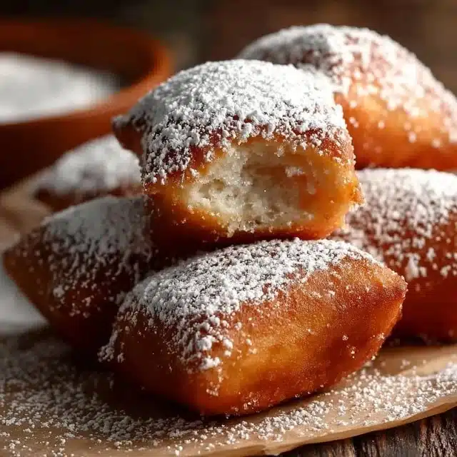 Plate of Vanilla French Beignets dusted with powdered sugar
