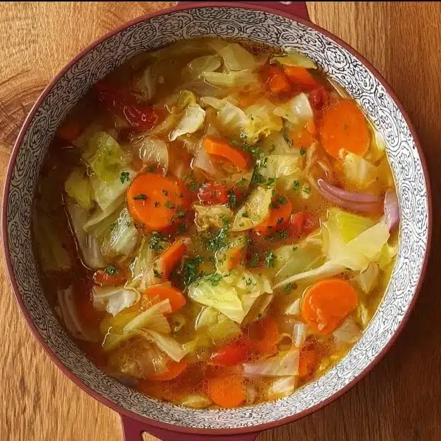 Healthy Weight Loss Cabbage Soup in a bowl with fresh ingredients