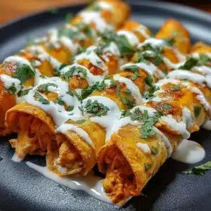 Baked Buffalo Chicken Taquitos served on a plate with dipping sauce