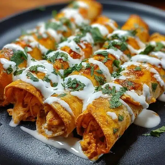 Baked Buffalo Chicken Taquitos served on a plate with dipping sauce