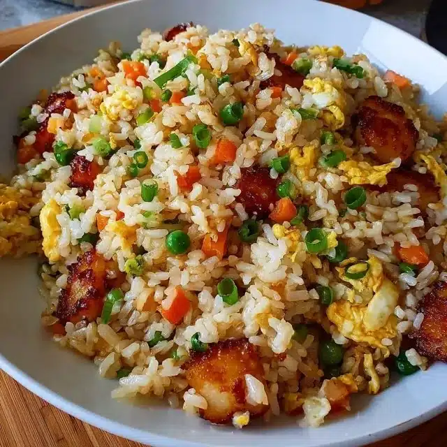Home 4 Delicious Bang Bang Fried Rice garnished with fresh herbs and spices