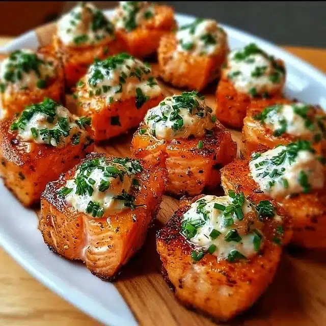 Home 5 Plate of Bang Bang Salmon Bites garnished with herbs and spices