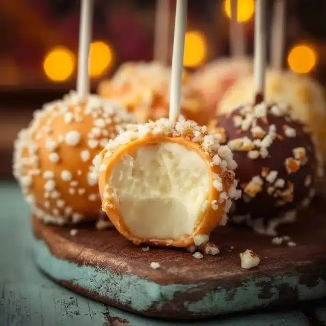 Delicious homemade cake pops on a wooden table, perfect for any celebration.