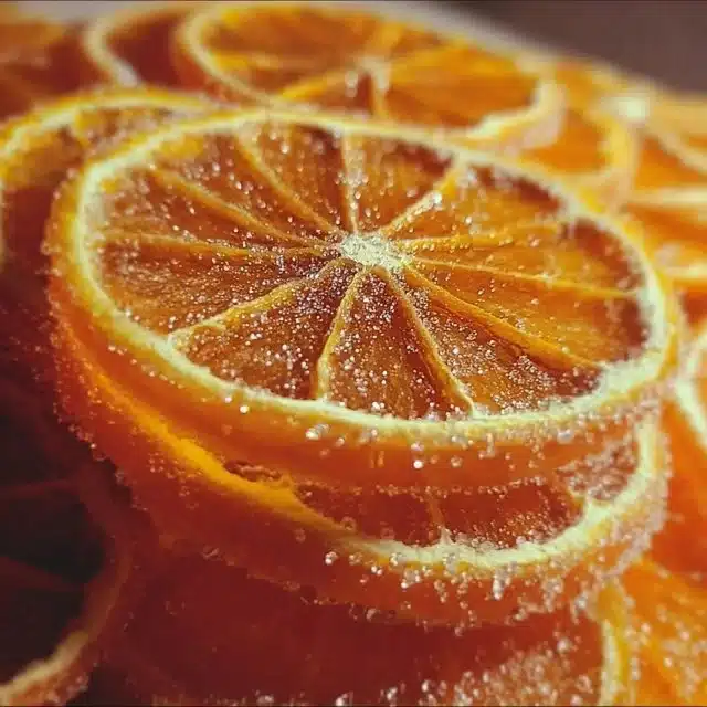 Delicious candied orange slices arranged on a plate