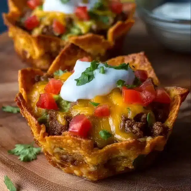 Delicious cheesy taco cups served on a platter