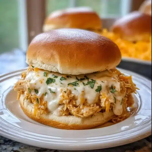 Plate of Chicken Alfredo Sloppy Joes topped with creamy sauce and cheese