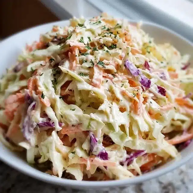 Freshly made coleslaw in a bowl with colorful vegetables