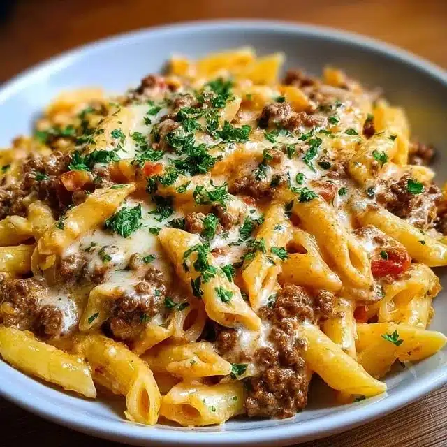 Creamy beef pasta dish served in a bowl with herbs and cheese.