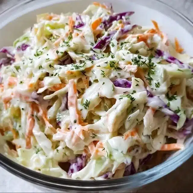 Delicious creamy coleslaw dressing served in a bowl with fresh vegetables