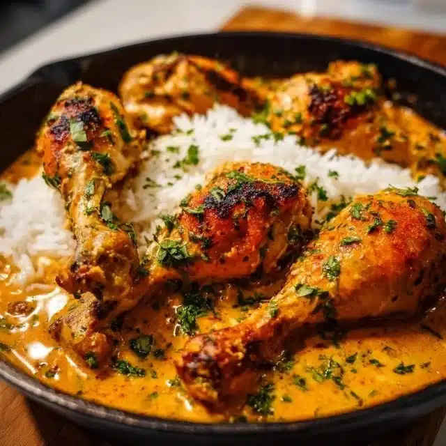 Creamy paprika chicken drumsticks on a plate with steamed rice