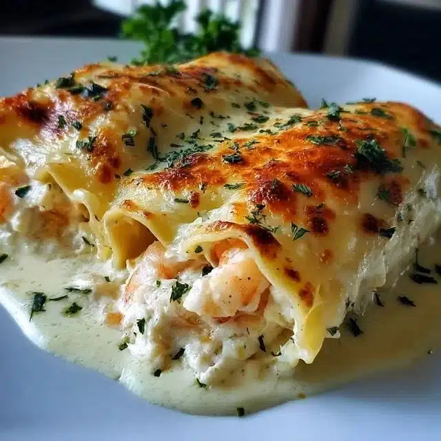 Delicious Shrimp Crab Alfredo Lasagna Roll-Ups garnished and ready to serve