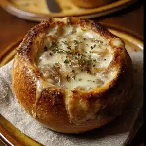 Delicious French onion soup served in a warm bread bowl, topped with melted cheese.