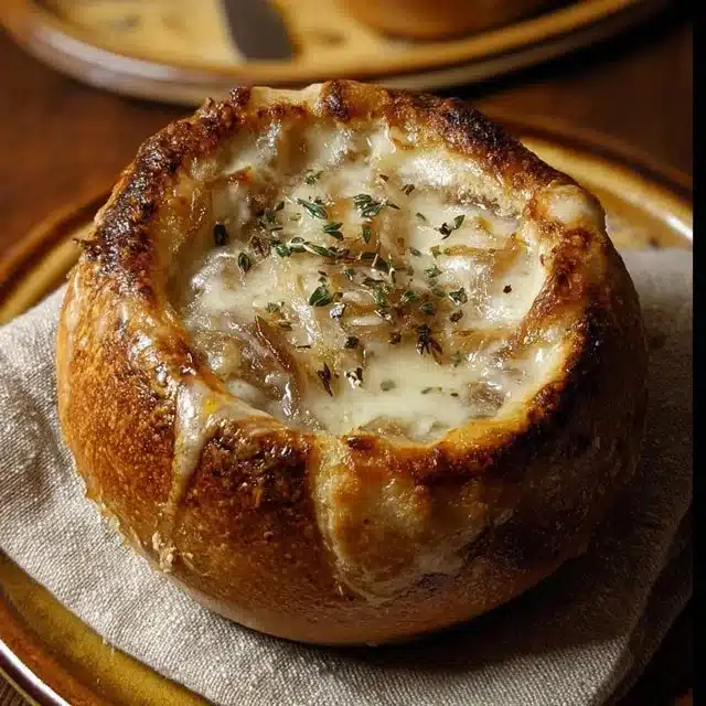 Delicious French onion soup served in a warm bread bowl, topped with melted cheese.