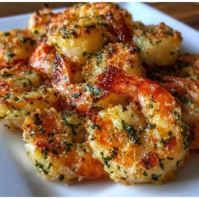 Crispy Garlic Parmesan Roasted Shrimp served on a plate with herbs.