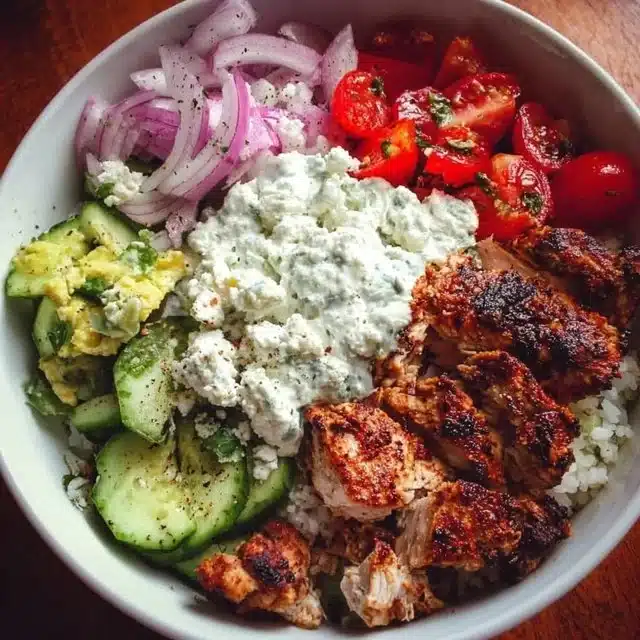 Home 3 Delicious Greek chicken bowls with fresh vegetables and herbs