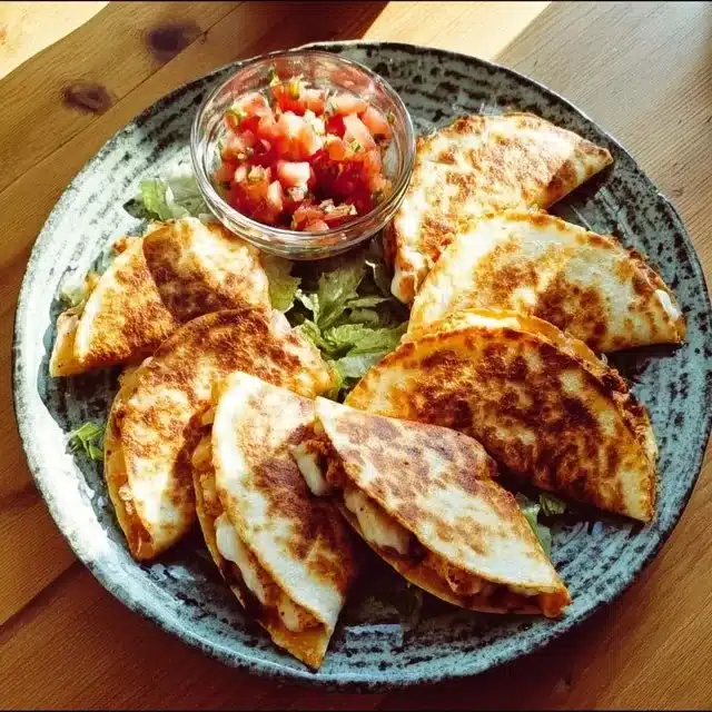 Homemade chicken quesadillas served on a plate with melted cheese and fresh toppings