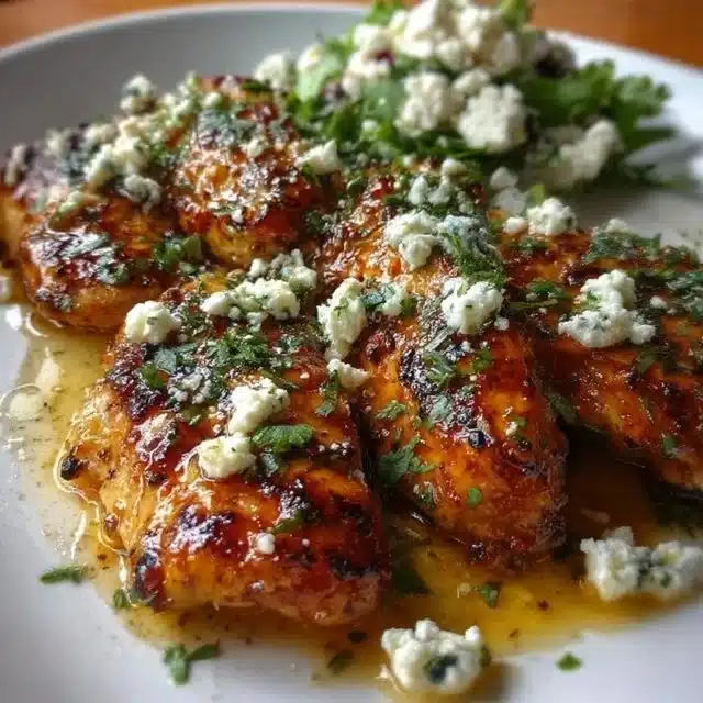 Home 5 Delicious Hot Honey Feta Chicken dish garnished with herbs.