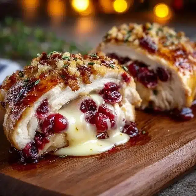 Cranberry brie stuffed chicken served with herbs and garnishes