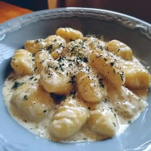 Delicious millionaire gnocchi served with a creamy sauce on a plate.