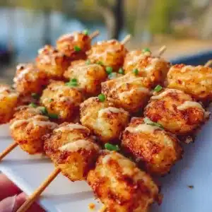 Loaded tater tot skewers with toppings ready for serving.