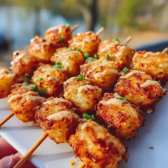 Loaded tater tot skewers with toppings ready for serving.
