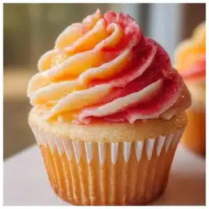 Delicious Mango Strawberry Cupcakes topped with fruity frosting