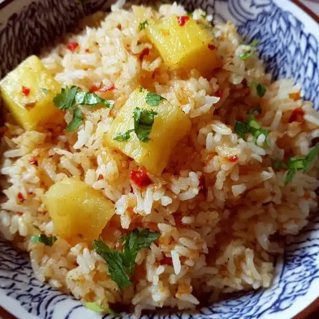 Delicious bowl of Pineapple Rice with fresh pineapple and herbs