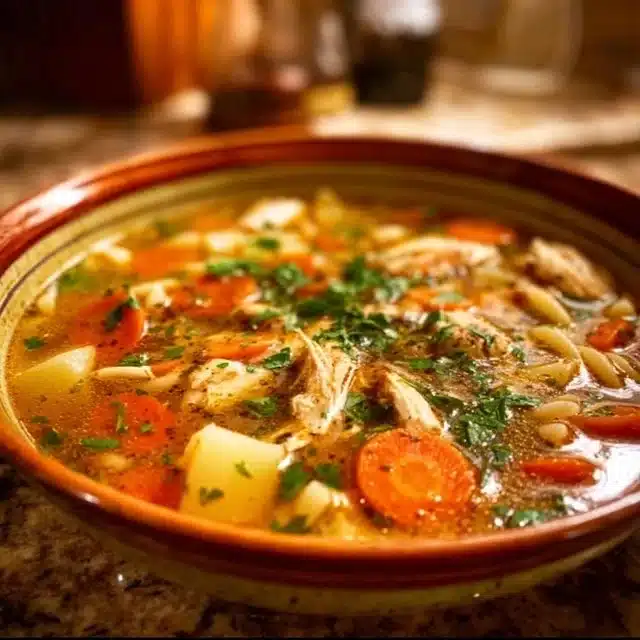 Bowl of delicious Sicilian Chicken Soup with vegetables and herbs
