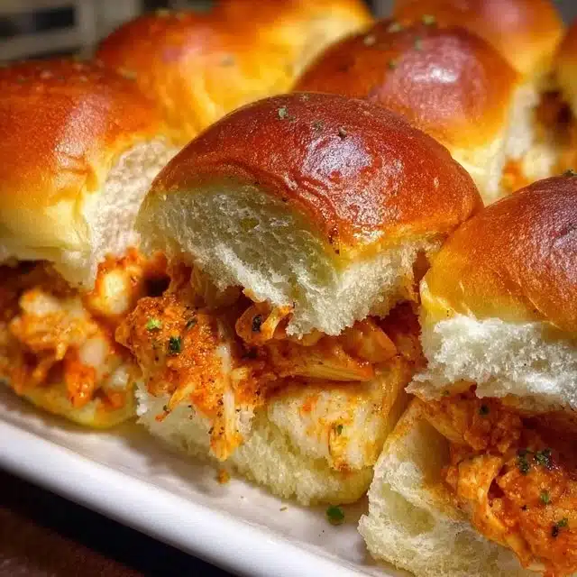 Delicious Spicy Buffalo Chicken Sliders served on a platter